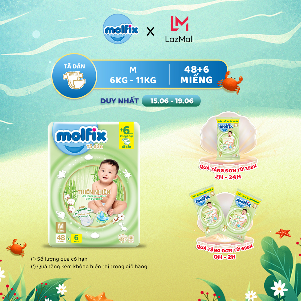 Tã/bỉm dán molfix thiên nhiên jumbo m - gói 48+6 miếng