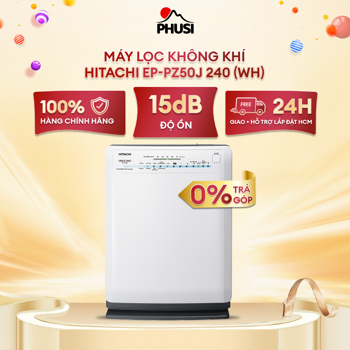 Máy lọc không khí hitachi ep-pz50j 240 - không gian 33m2, bộ lọc hepa chống dị ứng, hẹn giờ tắt tiện lợi