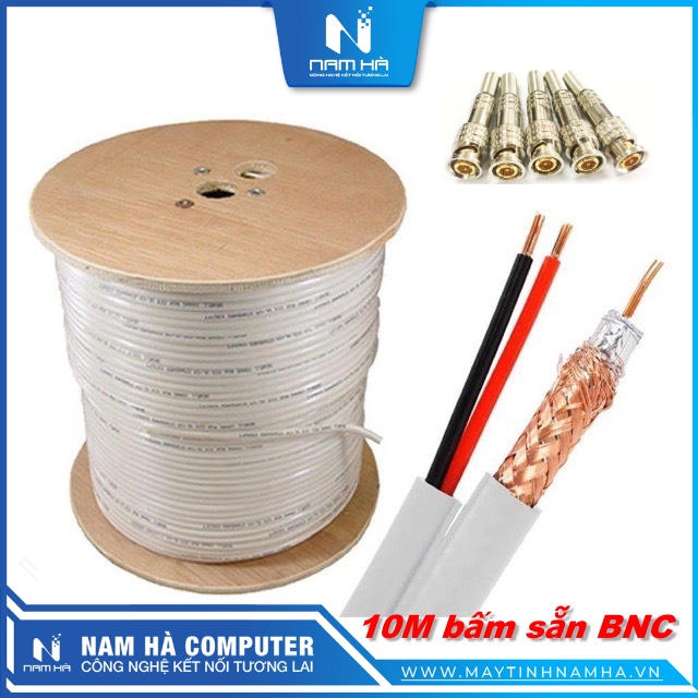 Cáp đồng trục liền nguồn rg59 bấm sẵn 2 đầu bnc dc cuộn 10m 20m 30m 40m 50m
