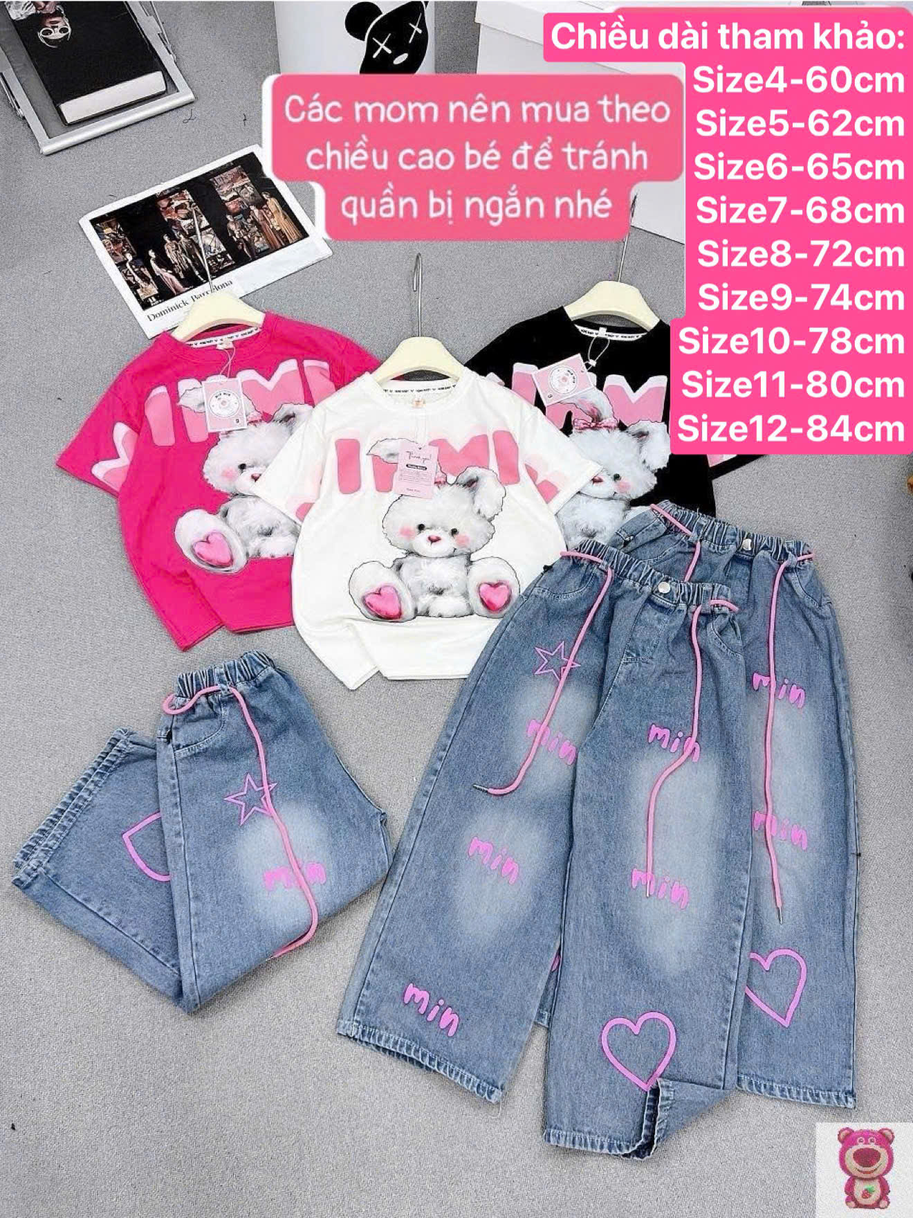 (18-42kg, dưới 1m45) Set áo thun cotton phối quần jean IN CHỮ HỒNG hot trend cho bé gái diện hè, đi học, đi chơi