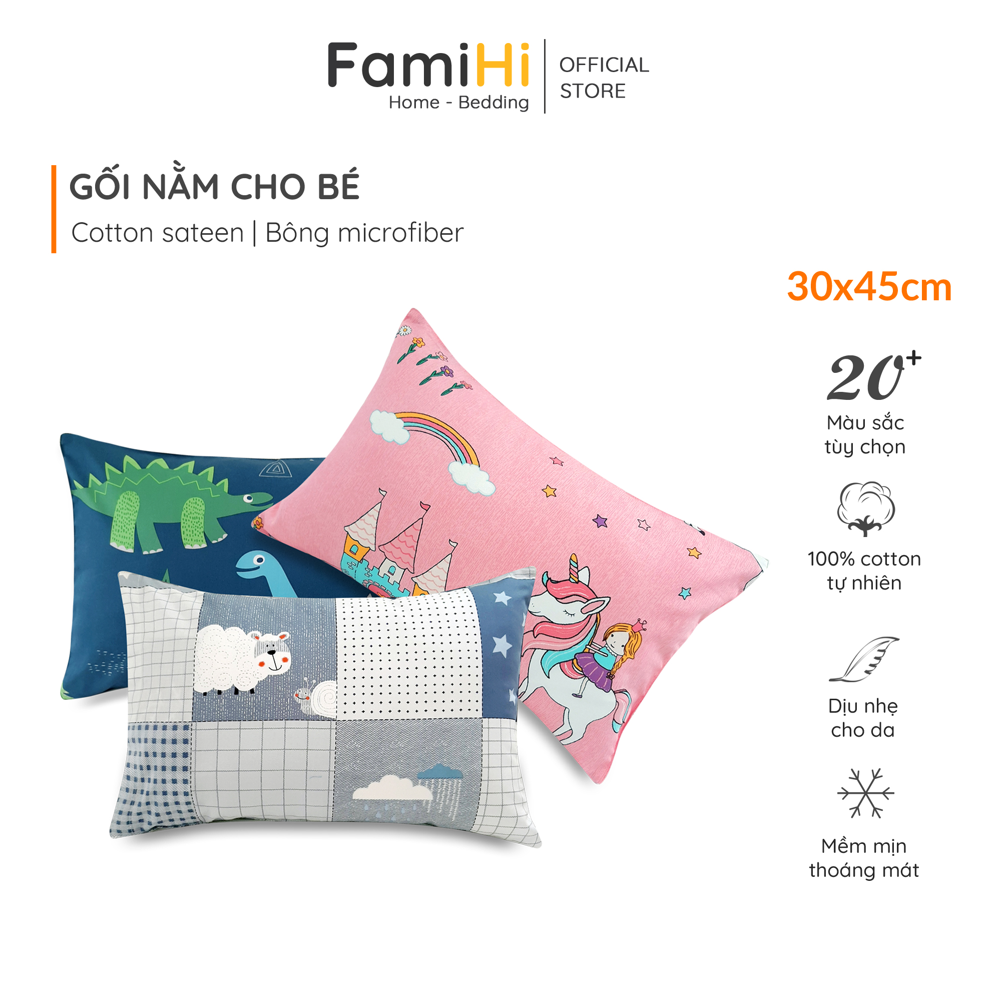 Vỏ gối nằm cho bé trai bé gái 30x45cm Cotton Sateen FamiHi cao cấp, bao áo gối trẻ em 100% sợi vải tự nhiên mềm mát.