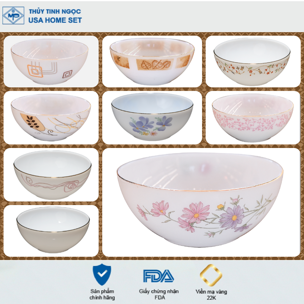 Tô canh các mẫu hoa văn viền vàng 22K Thủy Tinh Ngọc USA Home Set cao cấp bền đẹp, hàng nhập khẩu và phân phối độc quyền tại Việt Nam - dáng thuôn