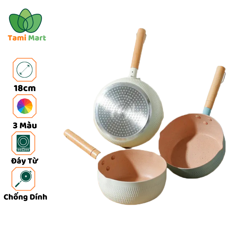 Chảo chống dính 18cm sâu lòng dùng được bếp từ-Chảo chống dính 5 lớp vân đá cao cấp chiên,xào,hấp và nấu bột cho bé- Bảo Hành 6 Tháng