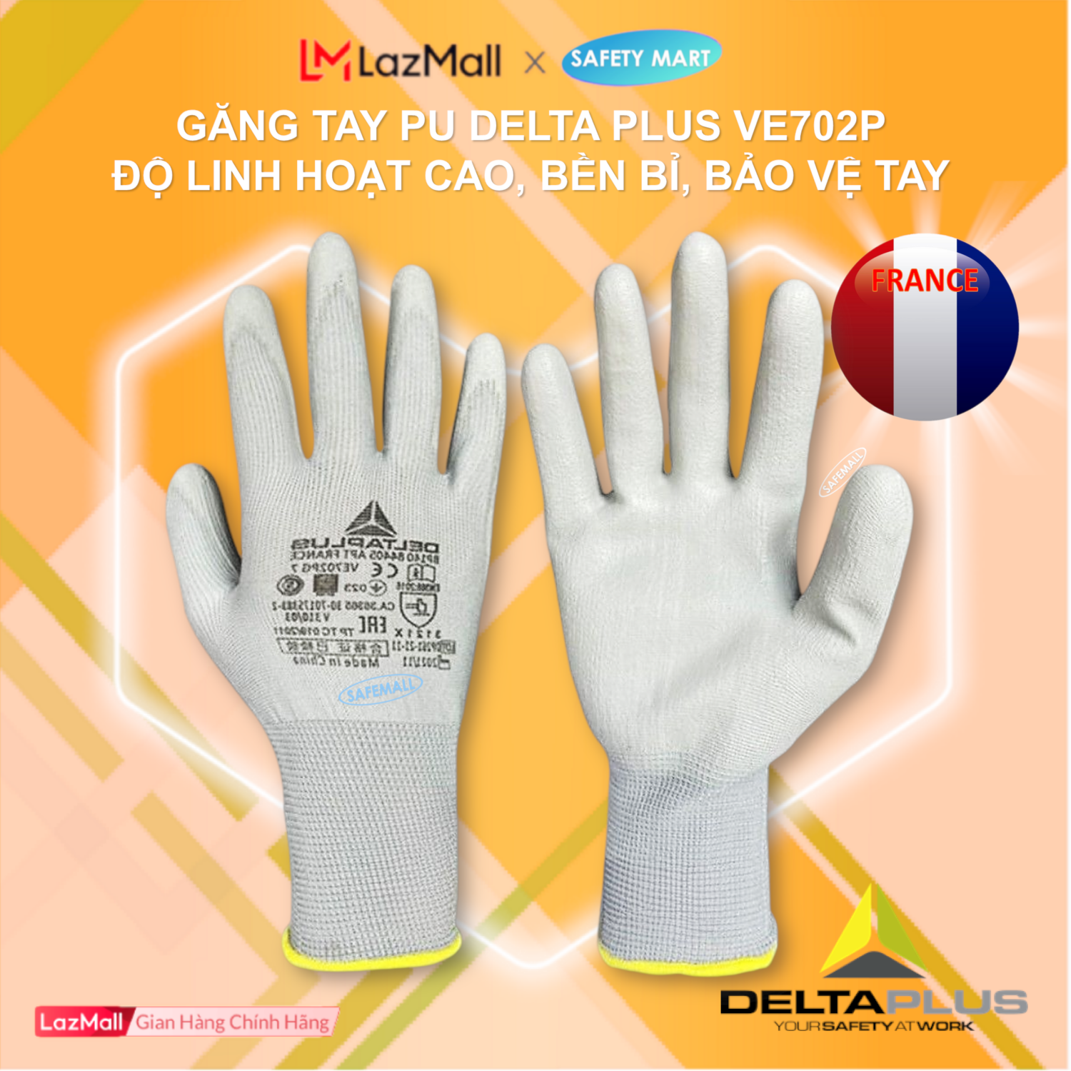 Bộ 6 đôi Găng tay bảo hộ lao động Delta Plus VE702P bao tay siêu bám chống hao mòn 4/4 chống cắt chống rách chống đâm xuyên bao tay bảo hộ lao động chất lượng cao - Hàng Chính Hãng Safety Mart Official