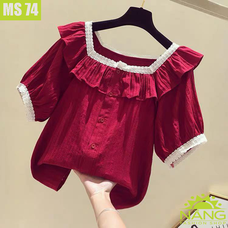 Áo sơ mi cổ vuông viền ren
