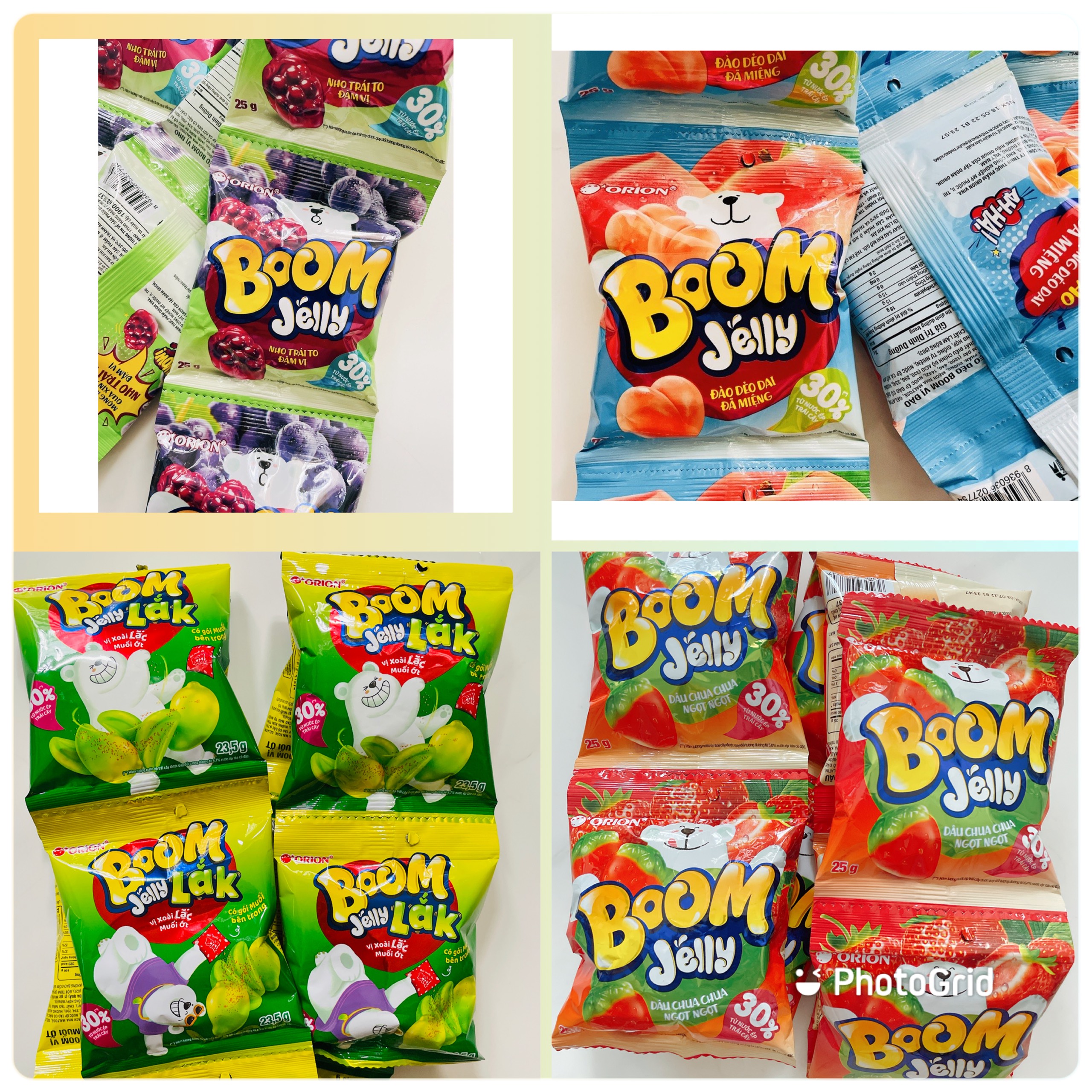 Combo 10 gói kẹo dẻo trái cây orion boom jelly vị đào, nho