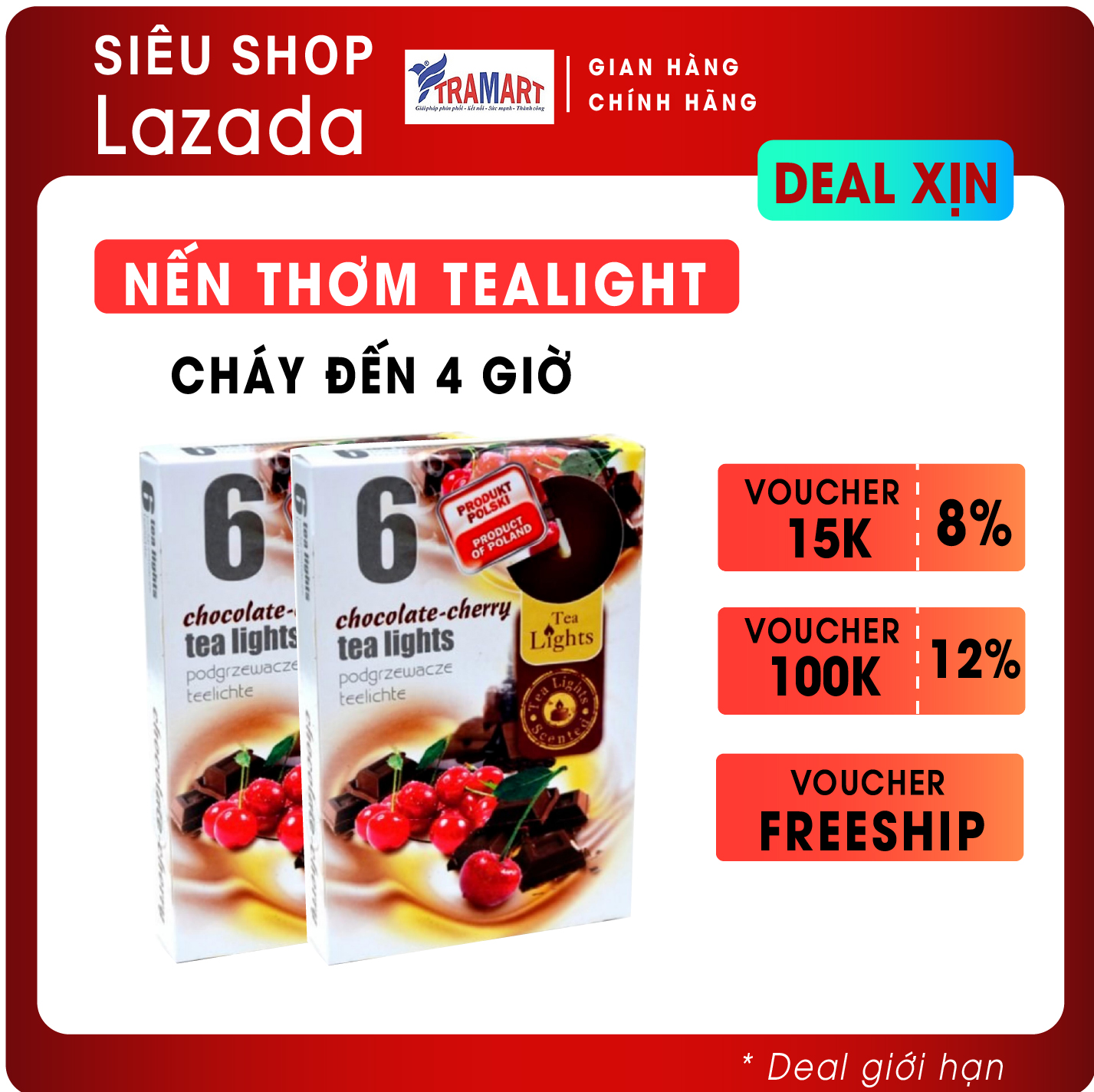 Bộ 5 hộp 30 nến tealight thơm Chocolate Cherry Bartek Candles FtraMart ADM6640