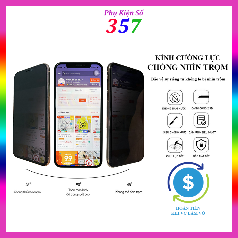 Cường lực iphone chống nhìn trộm full màn, đủ size, độ bảo mật tốt, tặng lau