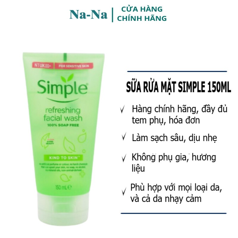 [Hàng chính hãng, có tem phụ] Sữa rửa mặt dịu nhẹ, sạch sâu Simple 150ml phù hợp với mọi loại da, da nhạy cảm