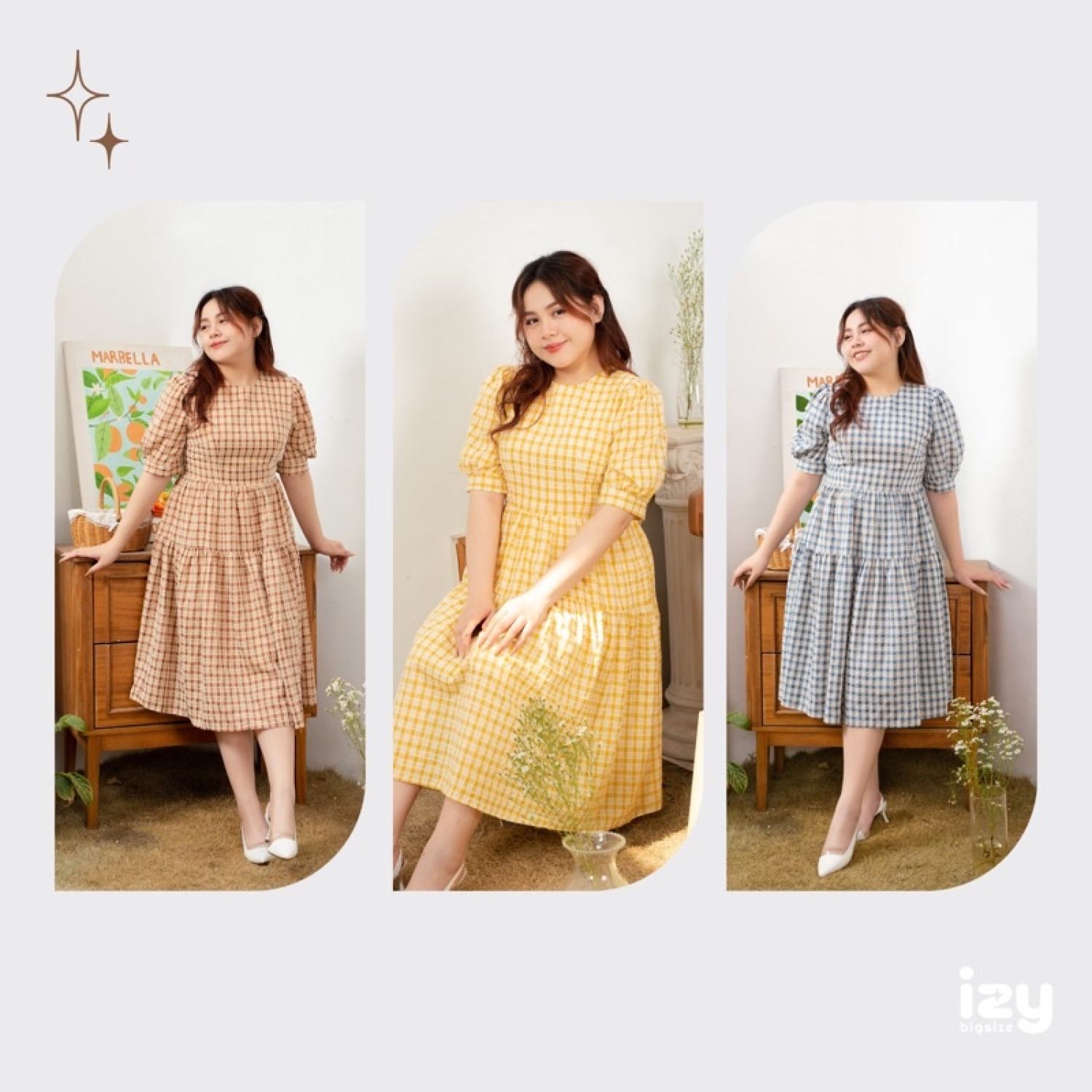 Váy đầm baby doll kẻ bigsize dáng dài tay bồng - izybynhi