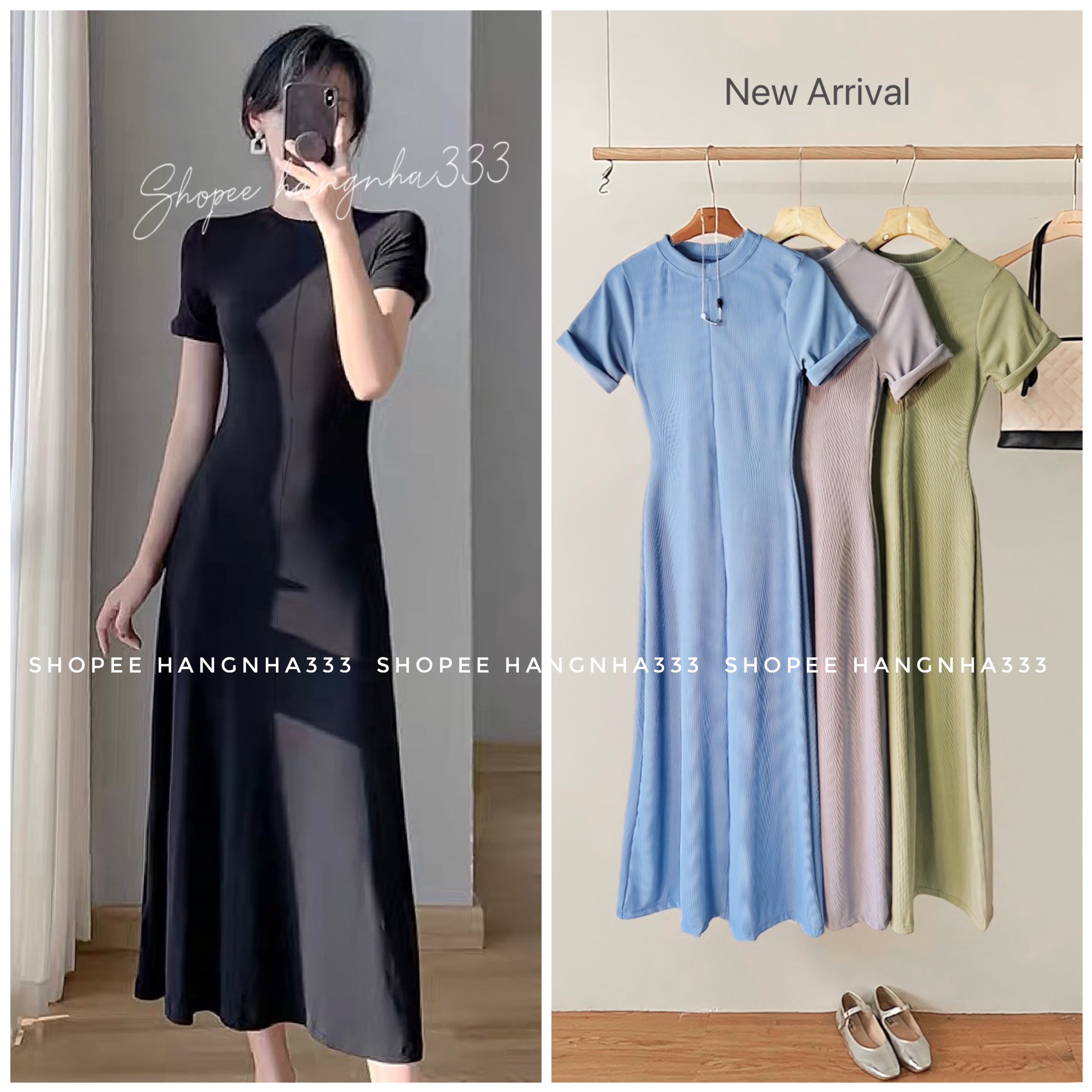 NEW | Đầm suông THUN DÀI cổ tròn tay ngắn dáng xoè xắn lai basic nhiều màu