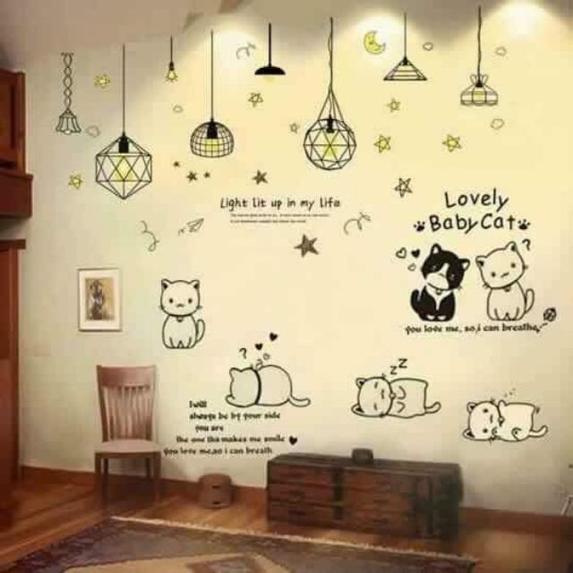 Decal dán tường Combo 2 tranh dây đèn thả light mới + mèo đáng yêu ...