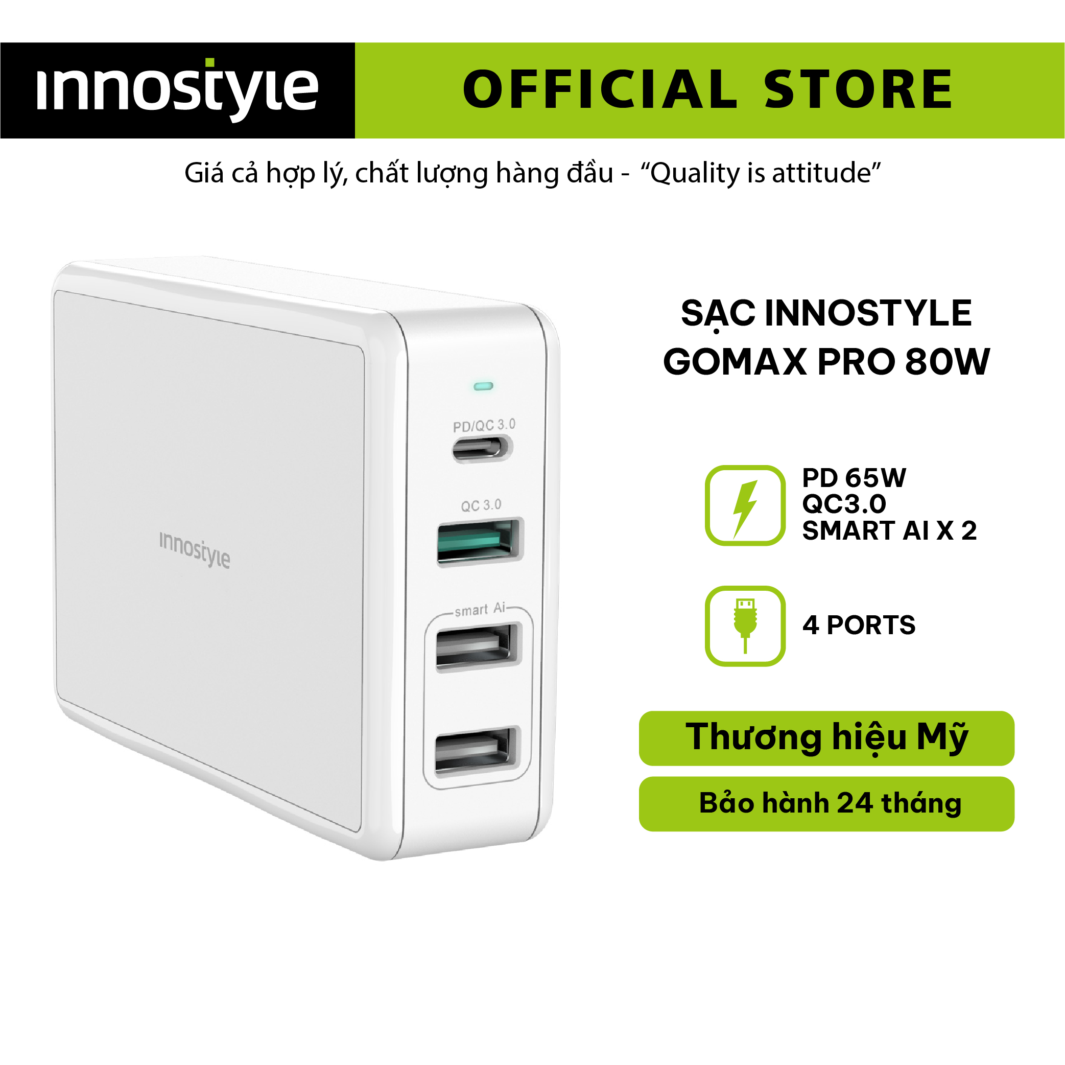 Cục sạc nhanh innostyle gomax pro 80w với thiết kế nhỏ gọn đa cổng tương thích được nhiều thiết bị chống cháy nổ an toàn khi sử dụng
