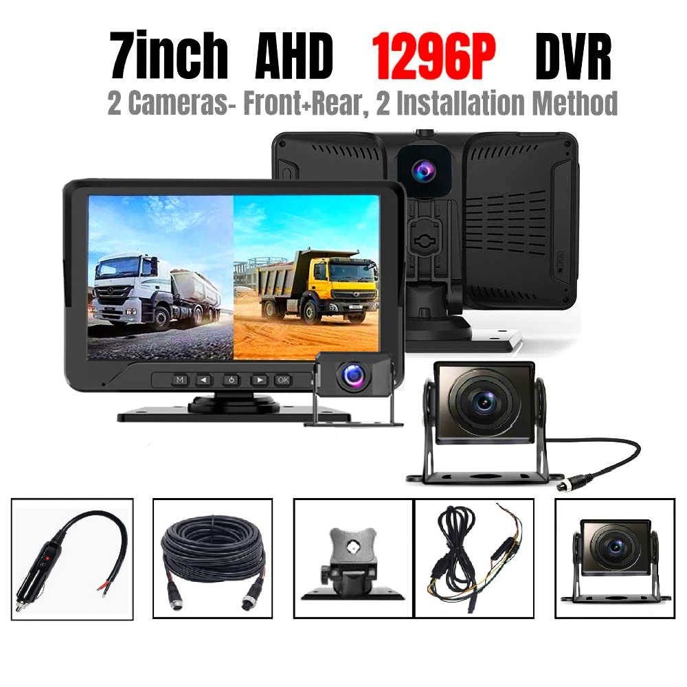 Camera Hành Trình Xe Tải 2 Mắt GT7 24V FHD 1296P 128GB MH IPS 7 Inch Camera Sau AHD Ghi Hình Cùng Lúc Trước Và Sau Xe Cực Rõ Nét