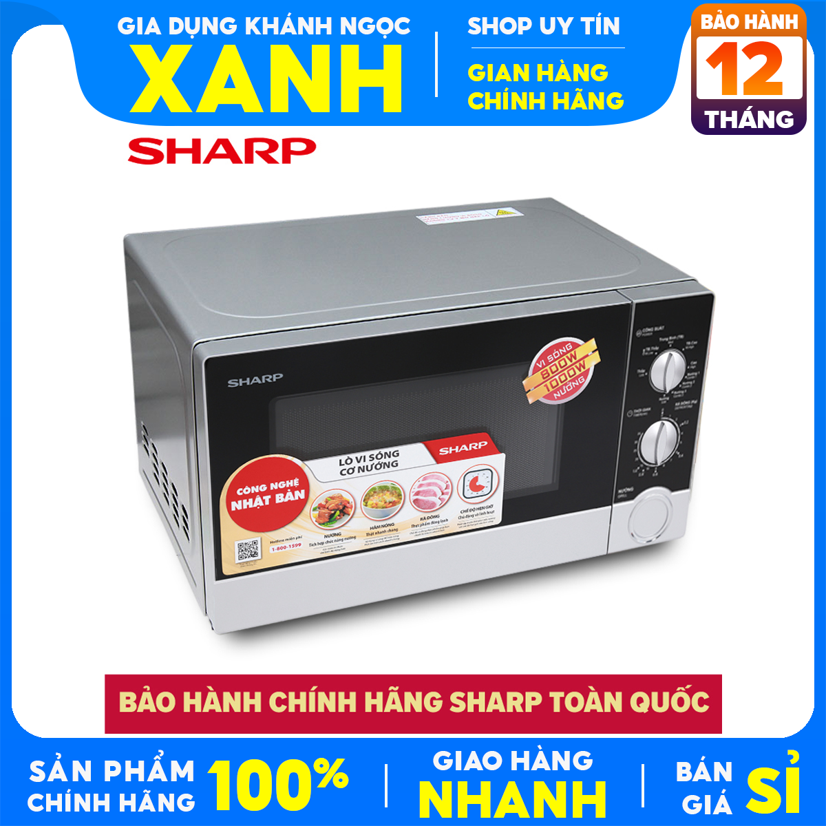 Lò vi sóng có nướng sharp r-g302vn-s 23 lít mới 100 công suất 800w, 1000w kết hợp chức năng nướng, phù hợp gia đình 2 - 3 người