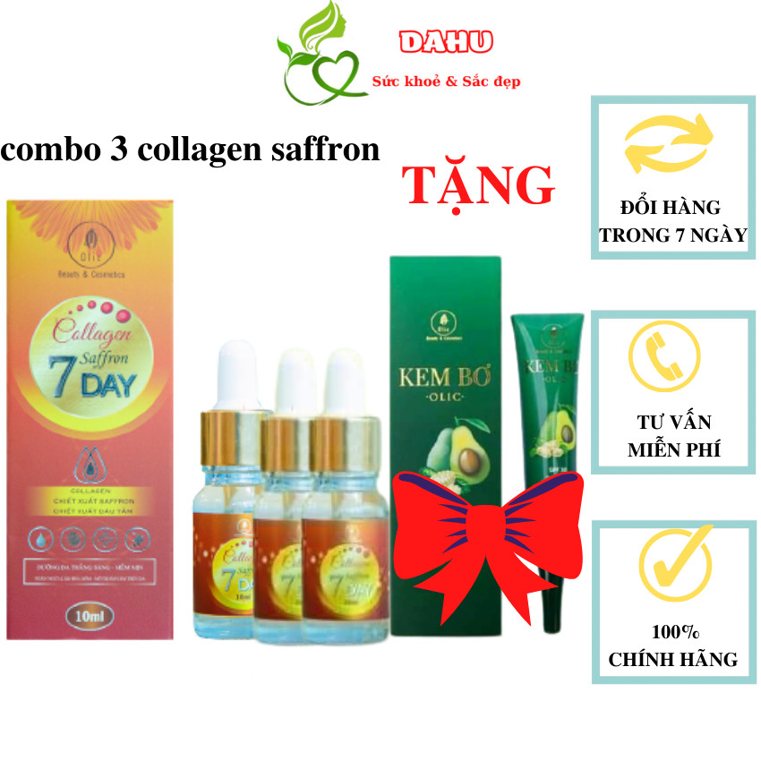 Collagen saffron 7 day olic chính hãng trắng da xoá nám dahu cosmetics combo 3 lọ tặng 1 kem bơ