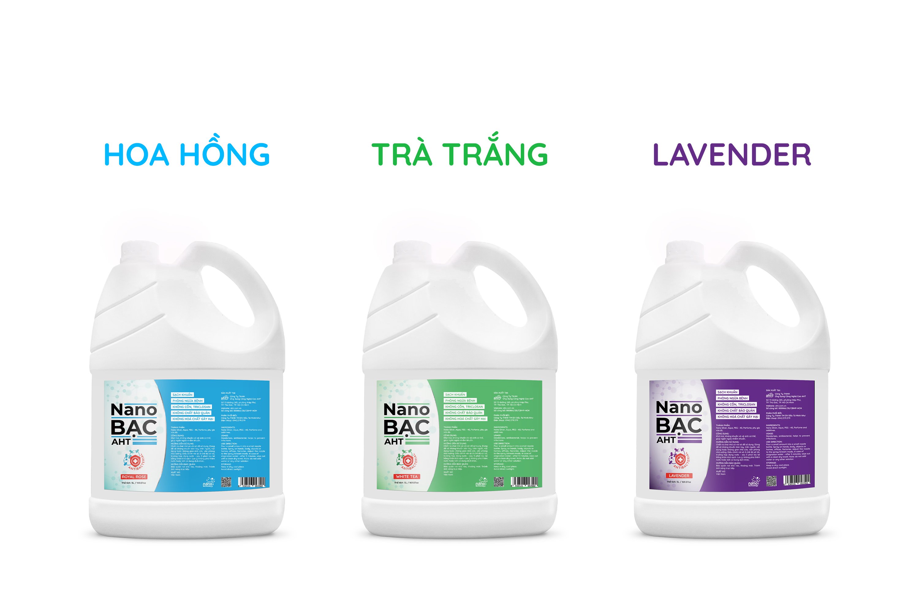 Can Nano bạc AHT diệt khuẩn 5 lít tinh dầu hoa hồng Pháp, trà trắng, lavender - dùng rửa tay diệt khuẩn, xịt vật dụng nhà cửa - hàng chính hãng