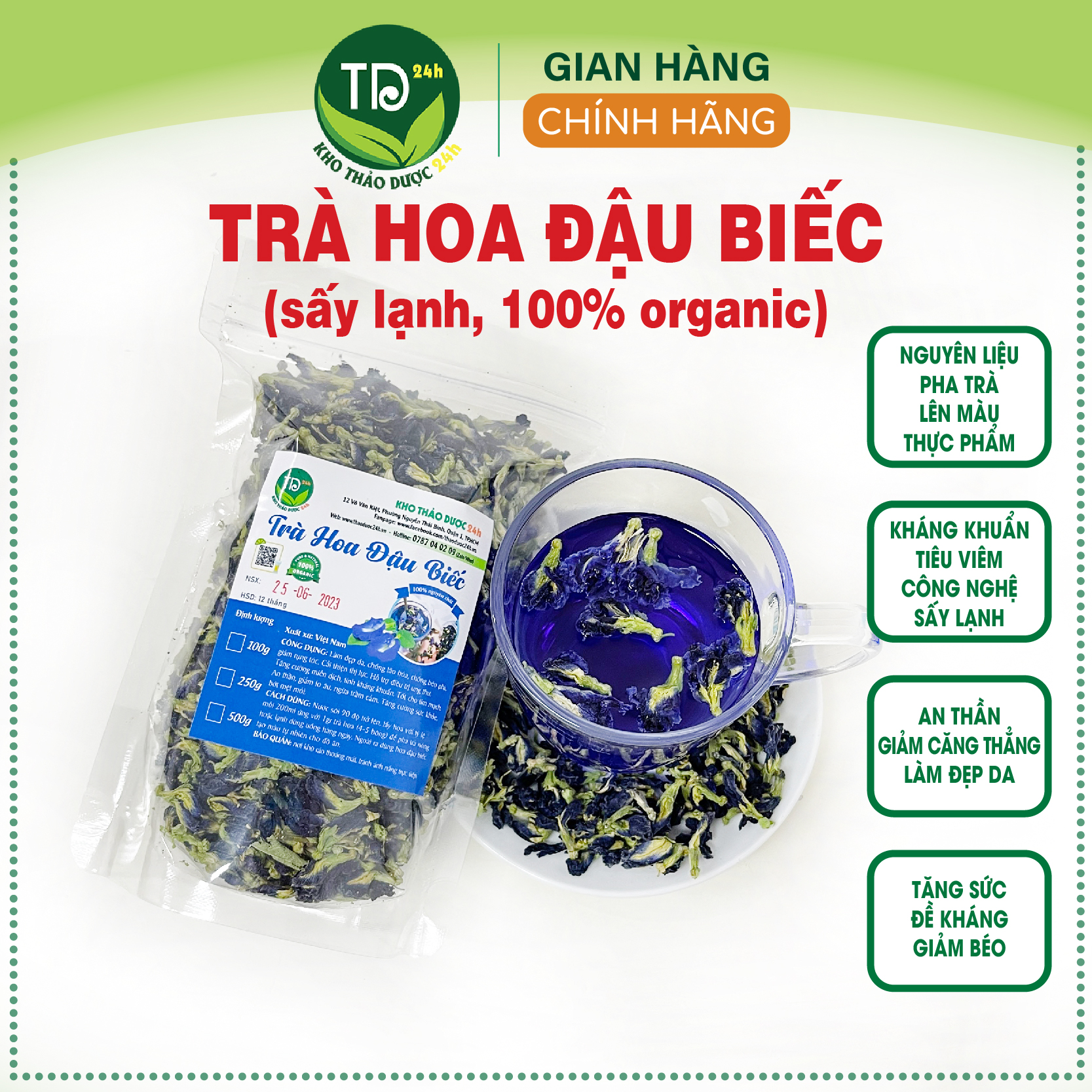 [100 gr] Trà hoa đậu biếc 100% thiên nhiên, nguyên liệu pha trà, nấu nướng, làm bánh, lên màu thực phẩm tự nhiên, không hóa chất | Kho thảo dược 24h