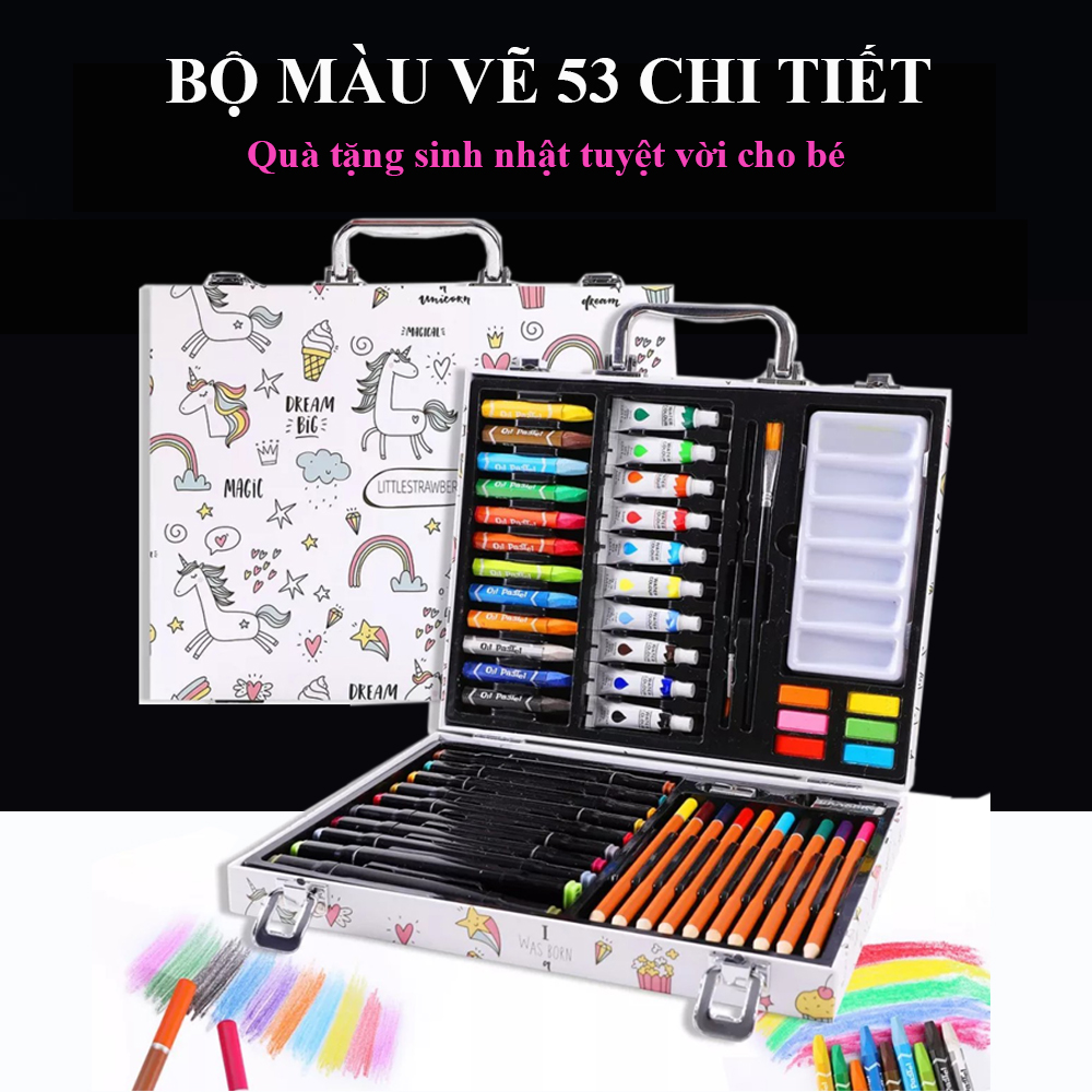 Bộ màu vẽ cho bé tập vẽ 53 chi tiết, hộp bút màu đa năng