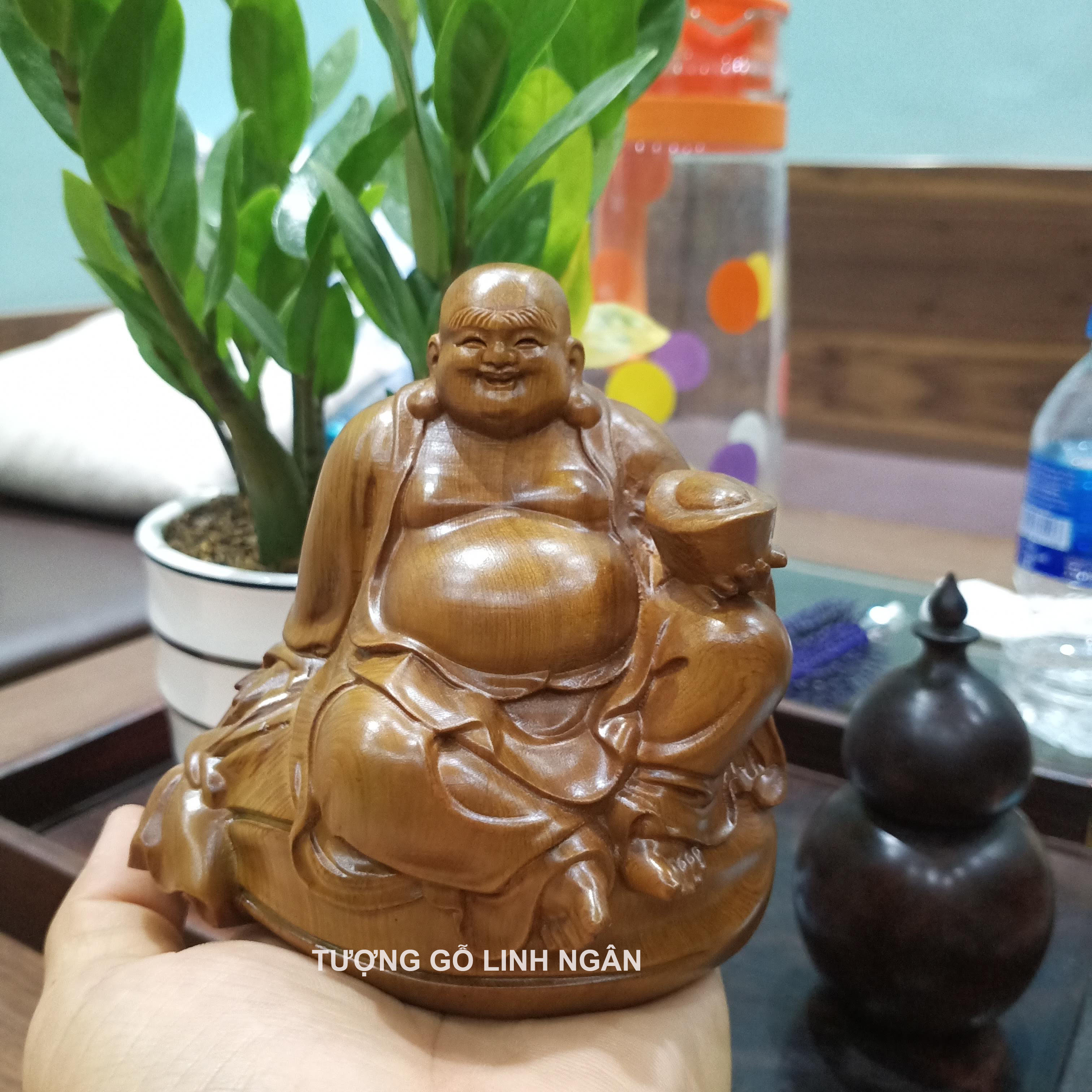 Tượng phật di lặc gỗ bách xanh cao 10 (cao 10 rộng 10 sâu 7 cm)