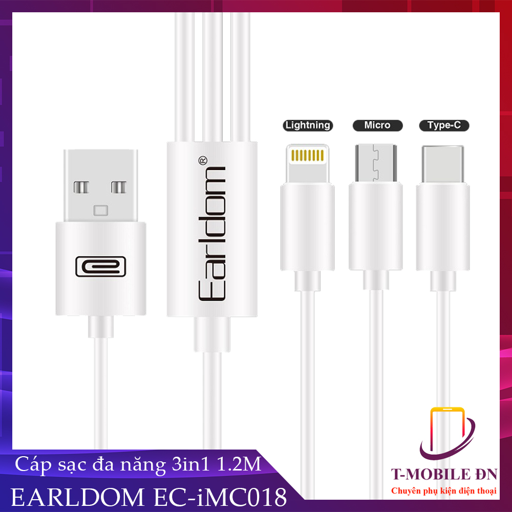Cáp Sạc Đa năng, Cáp 3 đầu 3 trong 1 3in1 dành cho iPhone Lightning Type C Micro Earldom EC-IMC018 dài 1.2m