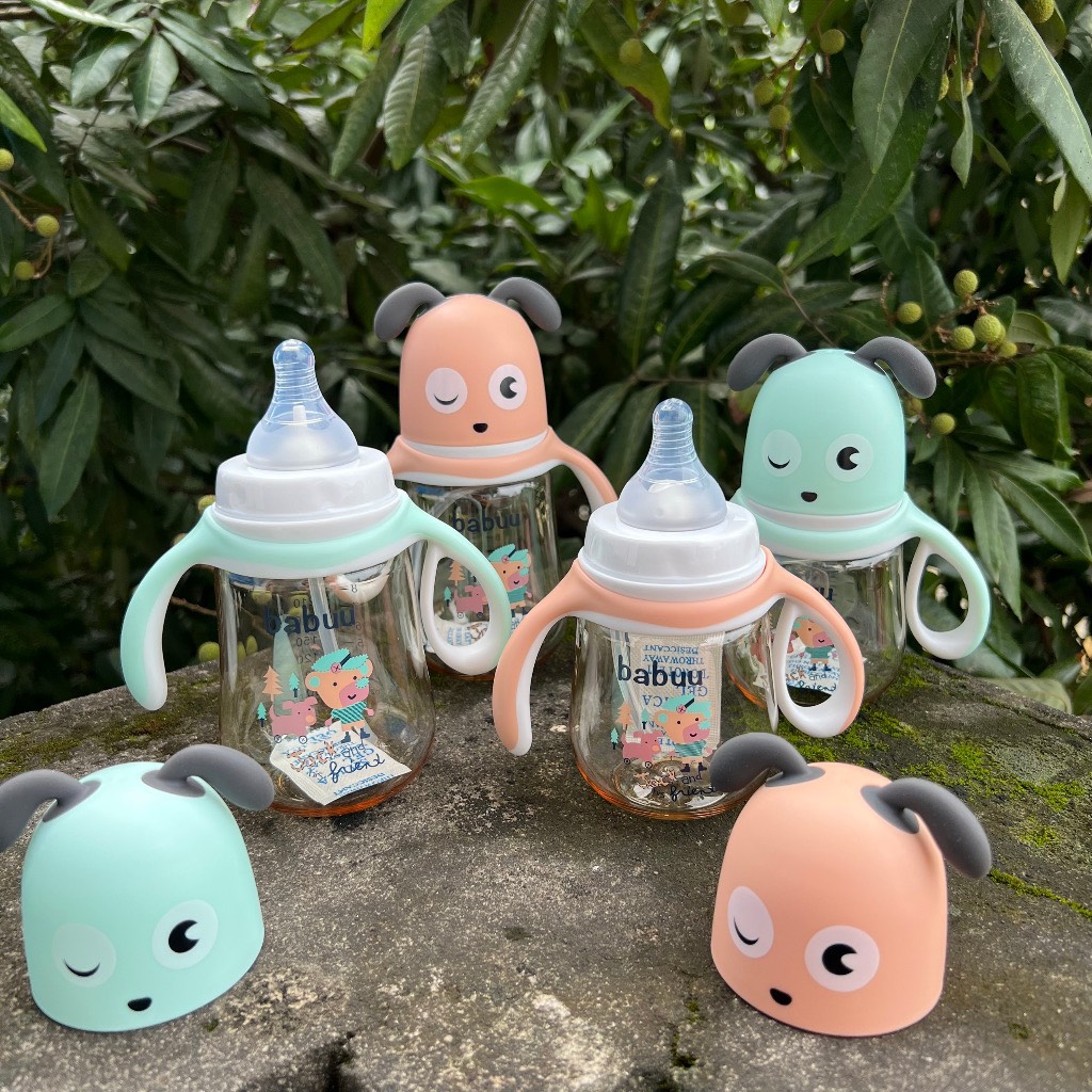 Bình sữa Babuu cổ rộng PPSU 210ml-300ml hình cún tặng kèm tay cầm và van chống sặc
