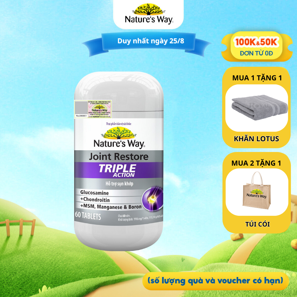 Viên uống hỗ trợ xương khớp nature's way joint restore triple action giảm đau, giảm viêm xương khớp hộp 60v