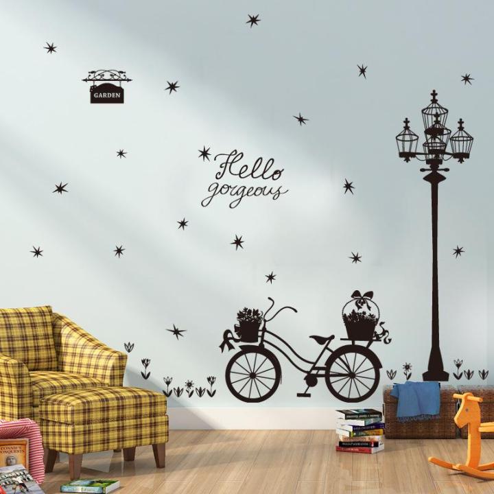 Decal dán tường Sticker Tranh Dán Tường Cột đèn, xe đạp và hoa Hello Gogeous SK9264 framedecals