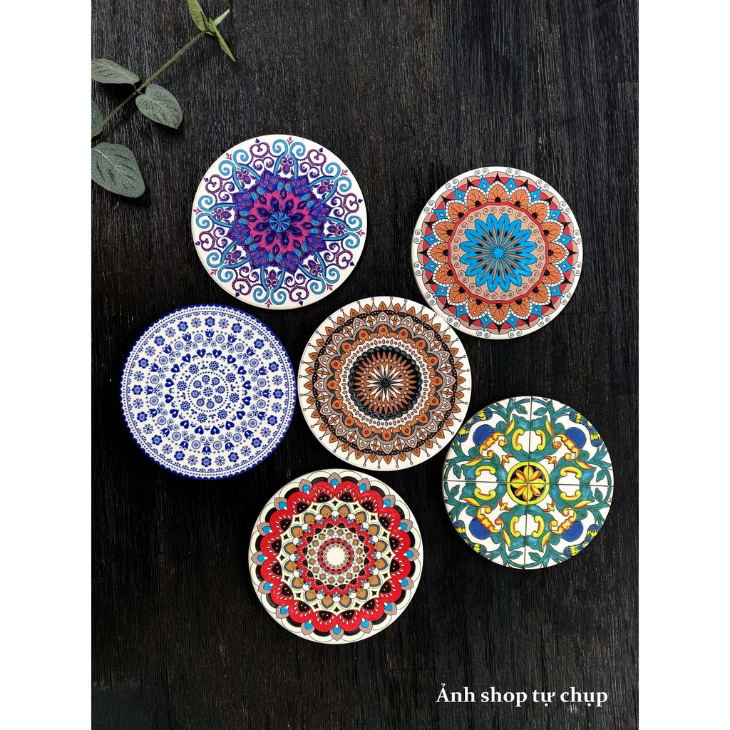 Đế Lót Ly Tấm Lót Cốc Thấm Nước Bằng Gốm Cao Cấp Họa Tiết Mandala