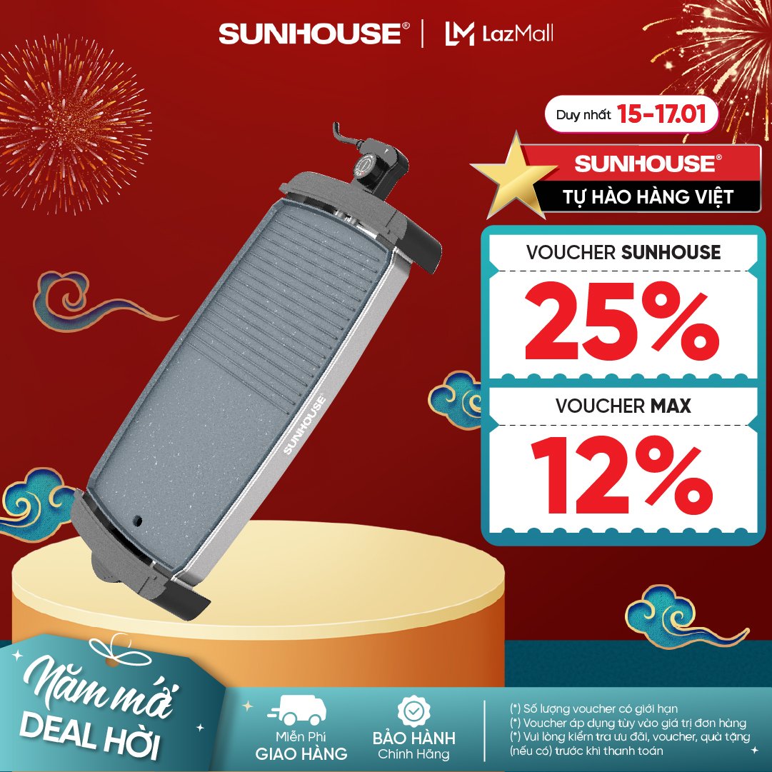 Bếp nướng điện Sunhouse SHD4612 - Chống dính cao cấp - Diện tích mặt bếp lớn - Tự ngắt khi quá nhiệt
