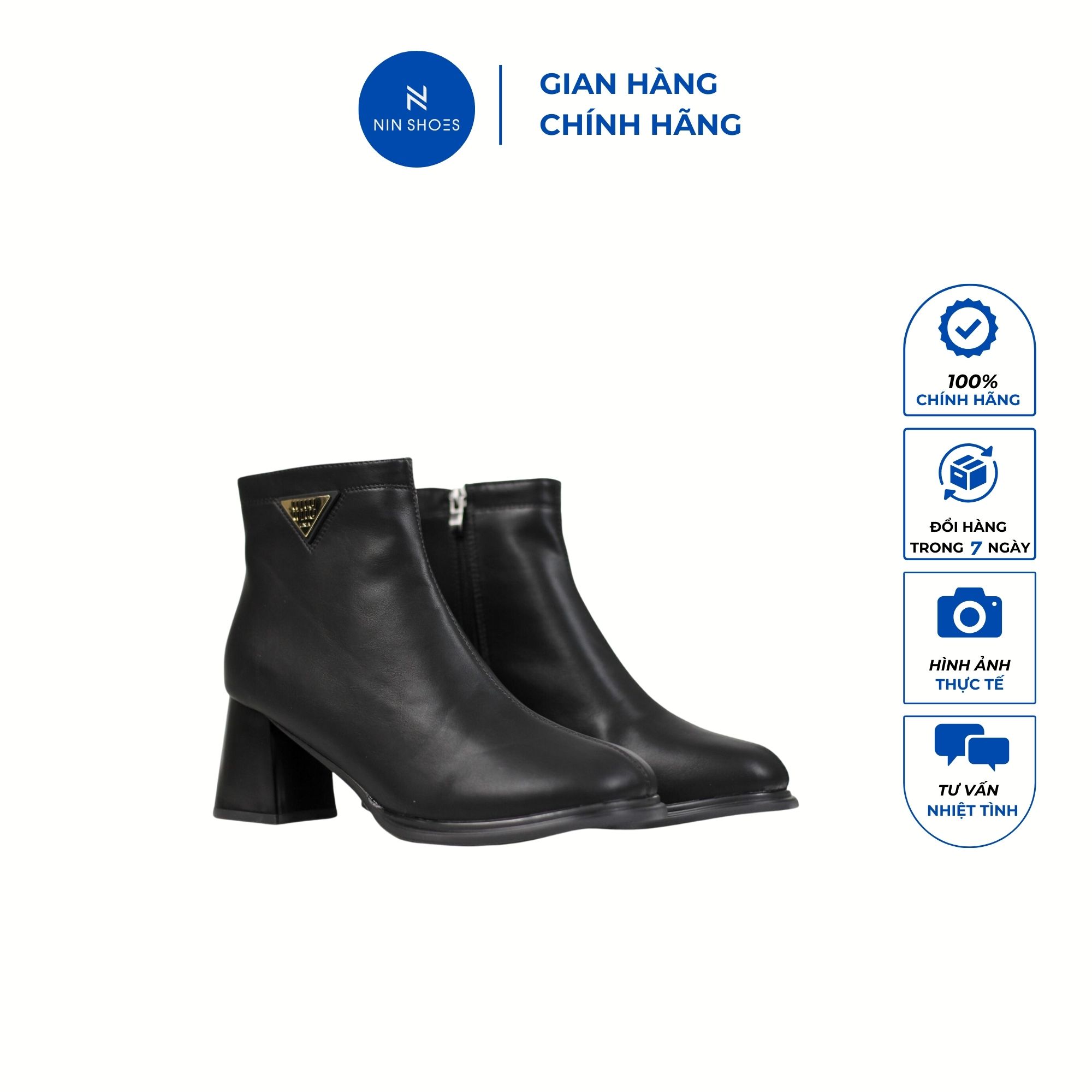 Giày Boots Nữ VipGirl Cổ Ngắn Khóa Cạnh Có Tag Kim Loại Đế cao 7cm NinShoes BOM40