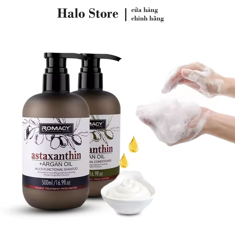 Dầu gội xả romacy astaxanthin argan oil 500mlx2 phục hồi chống lão hóa tóc và da đầu siêu mềm mượt