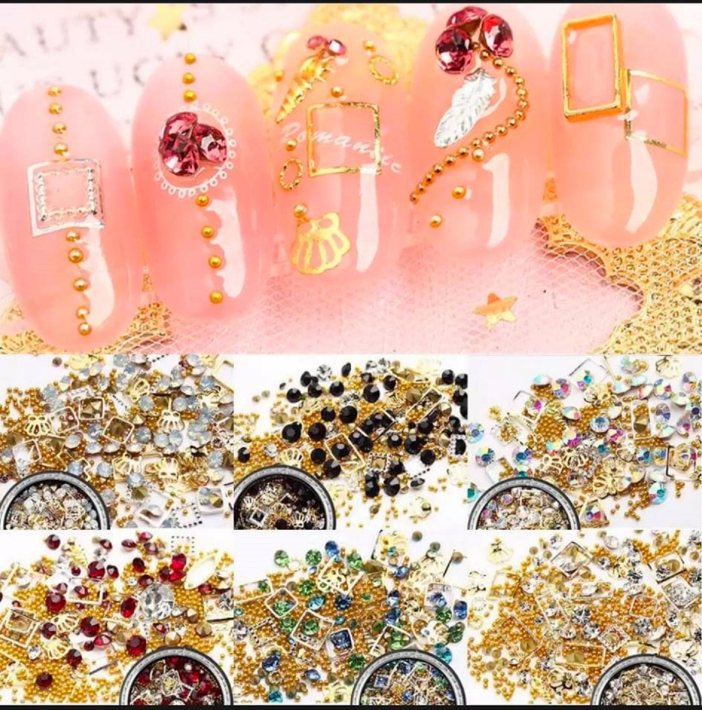 Hộp hạt đá 3D, hạt charm kim loại rỗng trang trí nail nghệ thuật