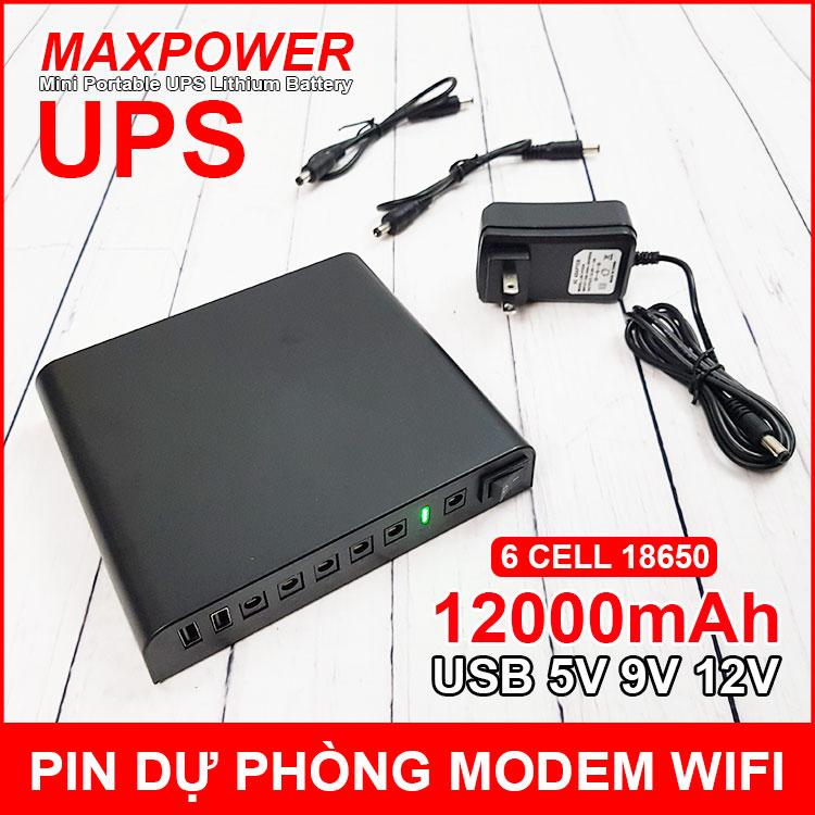 Nguồn Điện UPS Dự Phòng Modem Wifi Camera USB 5V 9V 12V 12000mAh MAXPOWER