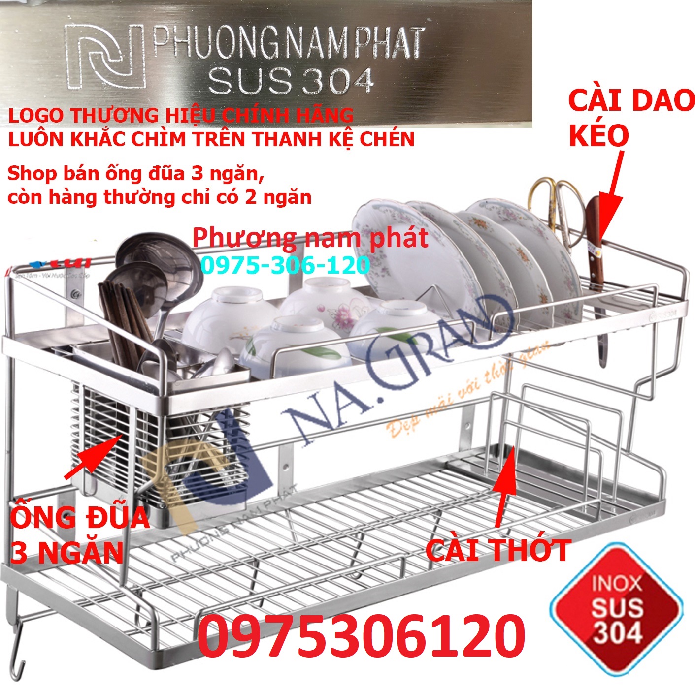 [HCM][HÀNG THƯƠNG HIỆU] Kệ Đựng Chén Bát Đa Năng 100% INOX 304 KC1 CÓ CHỖ ĐỂ DAO THỚT và ÔNG ĐŨA 3 NGĂN hàng đặt xưởng tăm dày tăm đúc đặc inox 304 đảm bảo không han gỉ