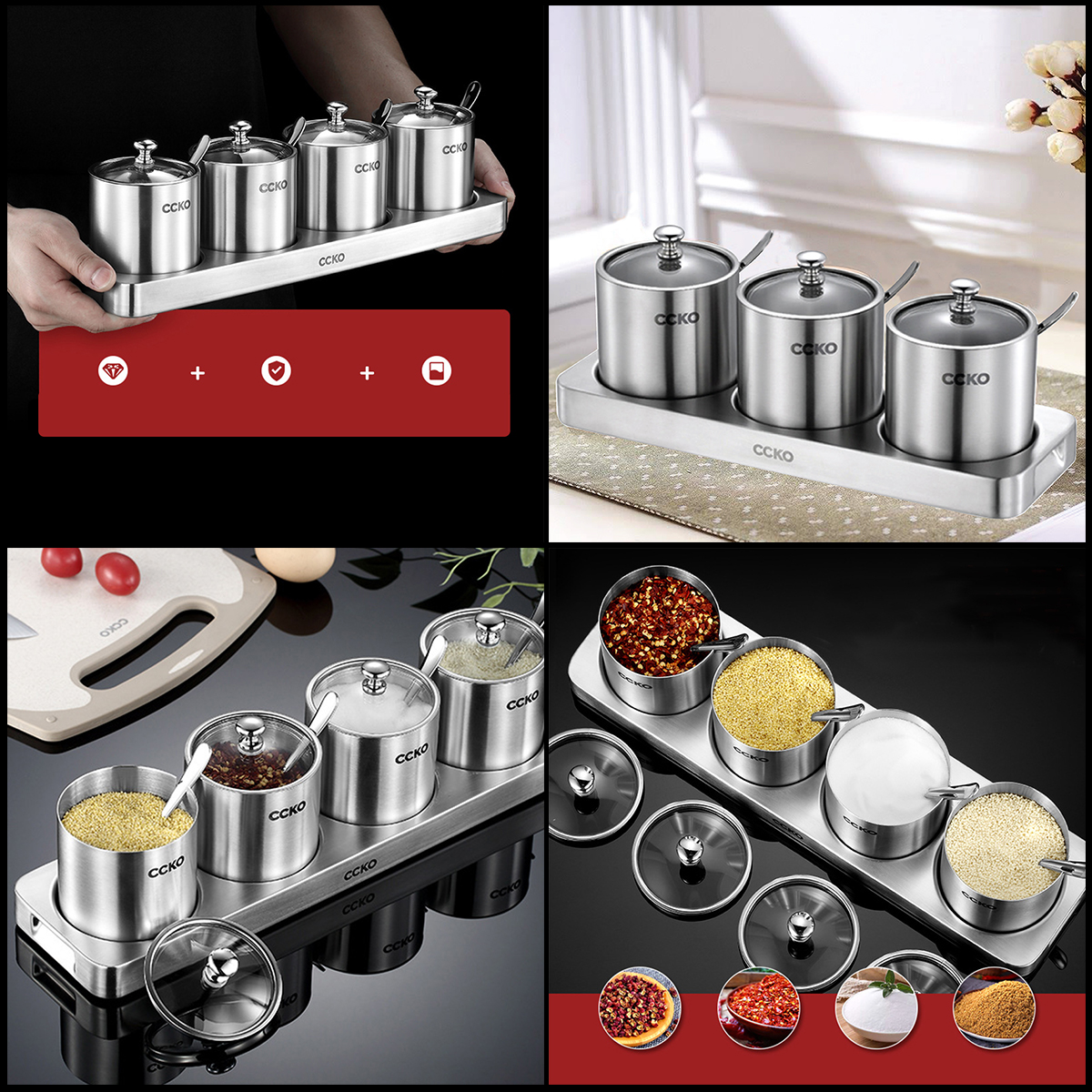 Kệ kèm lọ inox đựng gia vị ccko ck9982 cao cấp