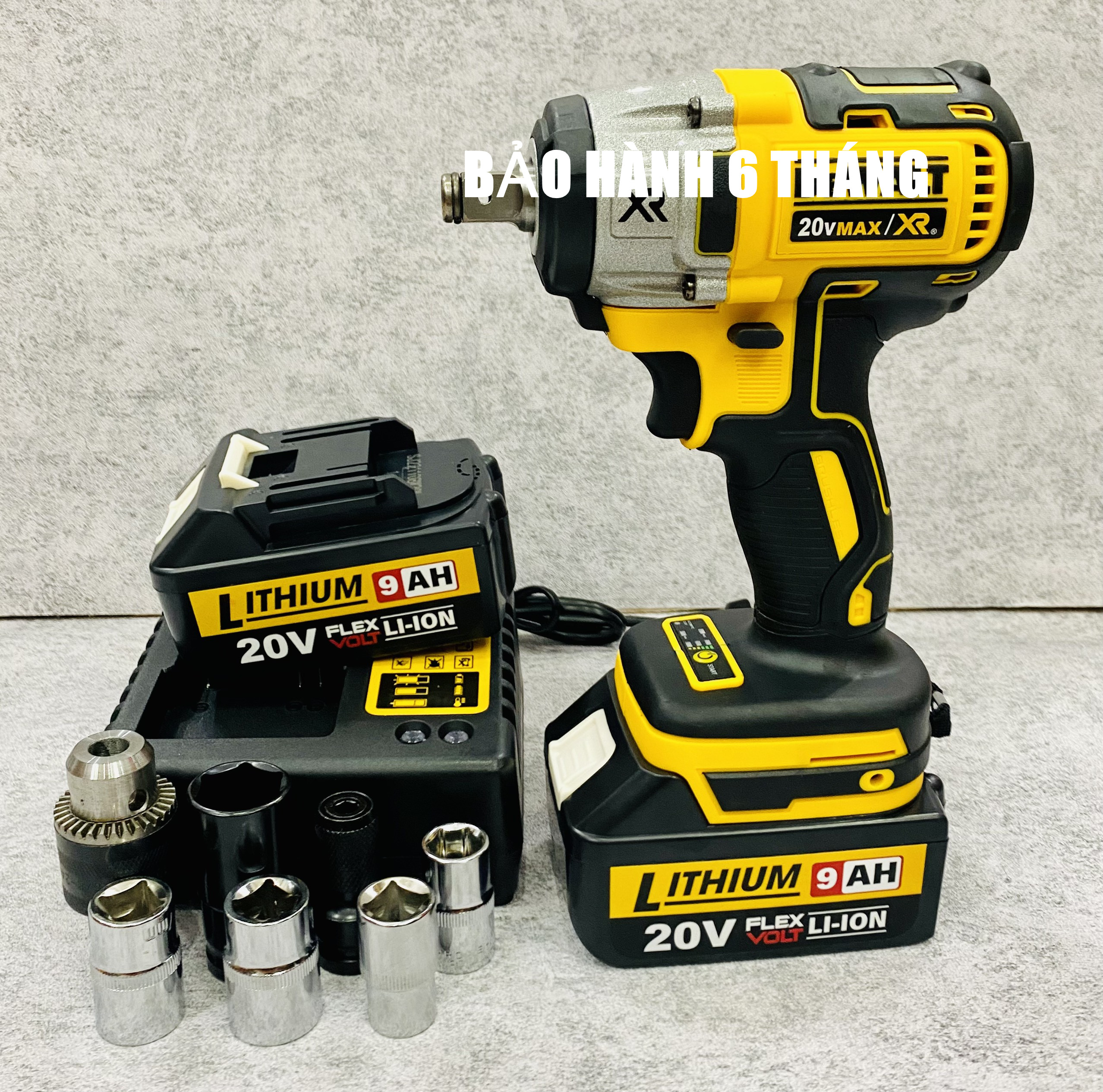 Máy siết bulong dùng pin động cơ không chổi than mẫu mới lực siết 550NM , Tặng kèm 1 đầu chuyển bulong sang khoan + 1 đầu chuyển bắt vít + 5 đầu khẩu