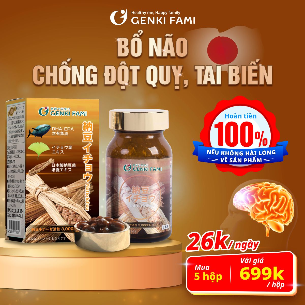 Viên uống phòng ngừa đột quỵ, bổ não nattokinase 3000fu natto ichou genki fami, nhật bản