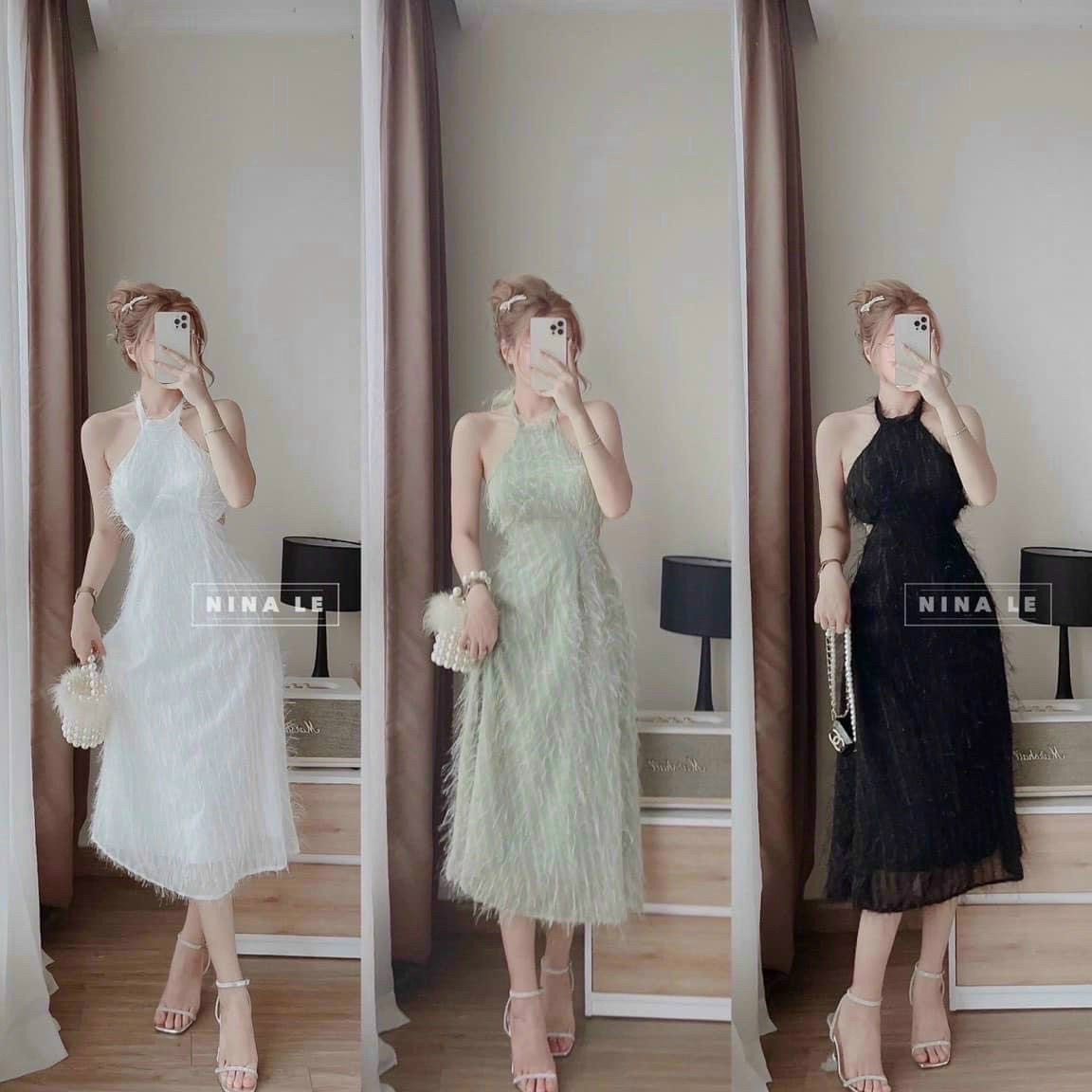 Đầm dáng dài cổ yếm hở lưng siêu xinh, chất xô lông nổi bật