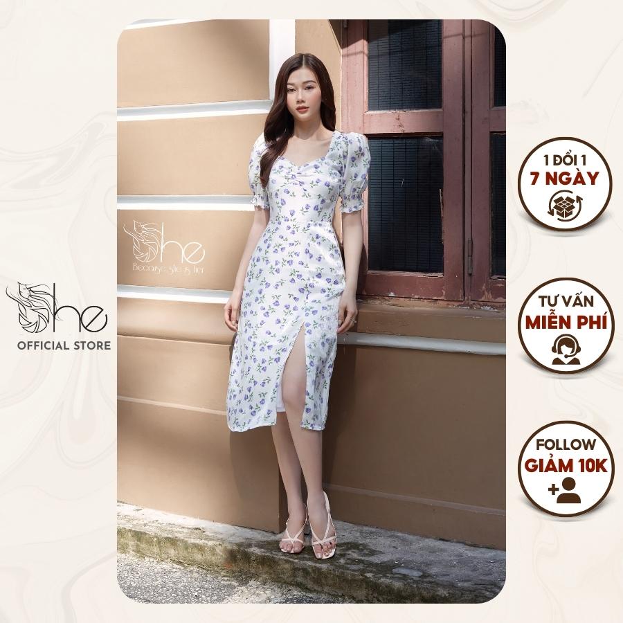 Đầm váy nữ She đầm midi hoa nhí thiết kế dáng suông cổ tim tay phồng xẻ chân chất voan xinh SDX90