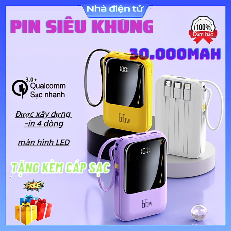 Sạc pin dự phòng 30000mAh chính hãng Tích hợp 4 dây cáp  hỗ trợ sạc nhanh màn hình LED hiển thị mini di động pin dự phòng Type-C cho các thiết bị Apple Android và iOS