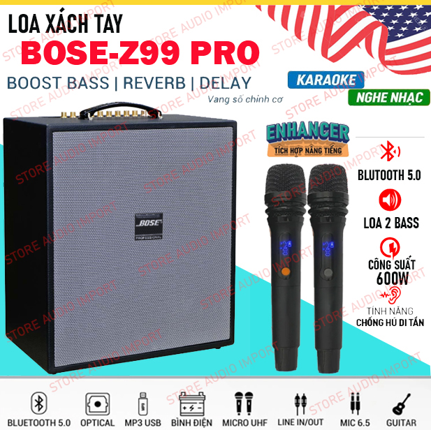 Loa Karaoke Xách Tay BOSE Z99 PRO HÀNG Công Suất Lớn 600W 2 Bass Đôi Kèm 2 Micro Chống Hú Hút Âm Tích Hợp Mạch Mới Hiệu Ứng Echo Reverb Delay Cho Tiếng Hát Hay Bas Chắc Âm Thanh Sống Động.