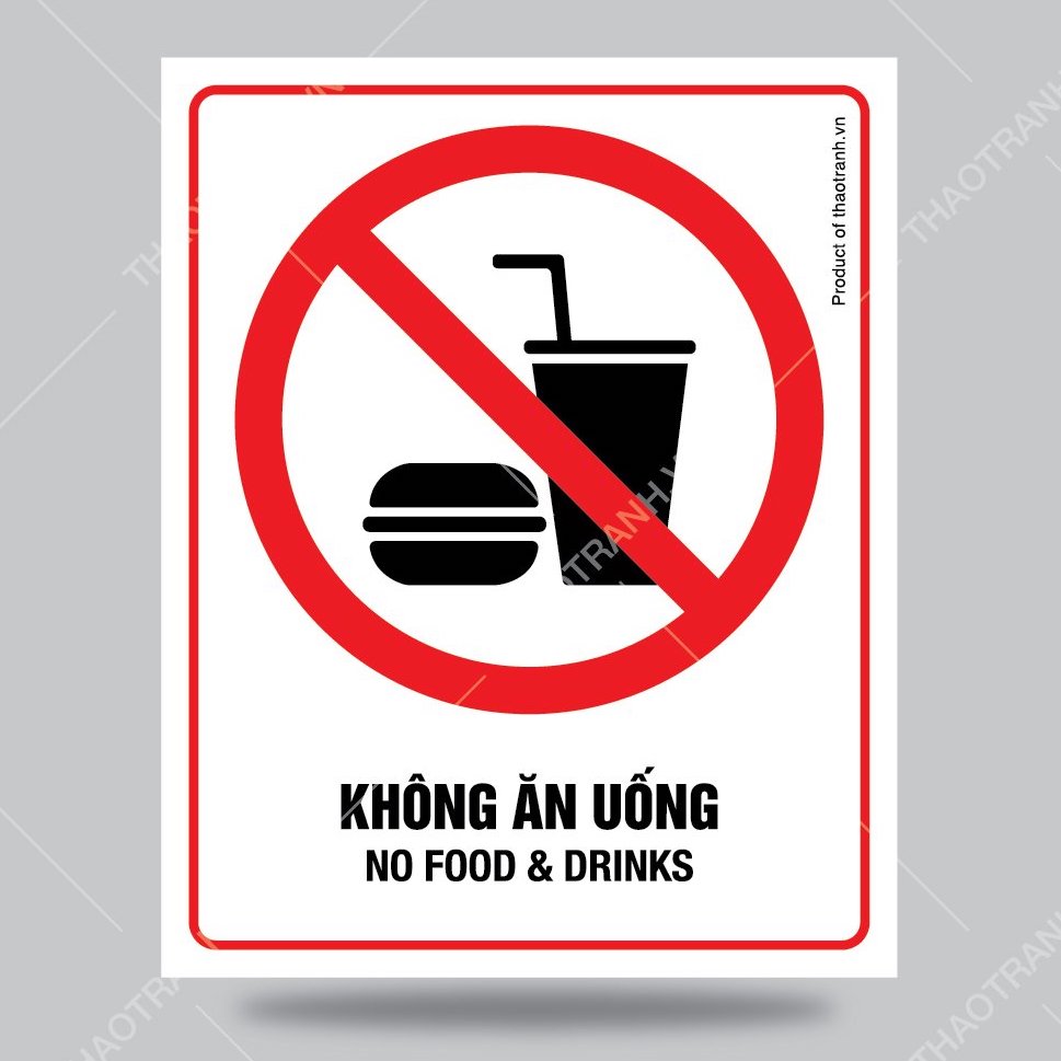 Biển báo Cấm Ăn Uống Trong Phòng-No Food and Drinks - Decal dán tường dán kính - Tem decal cảnh báo - sticker trang trí