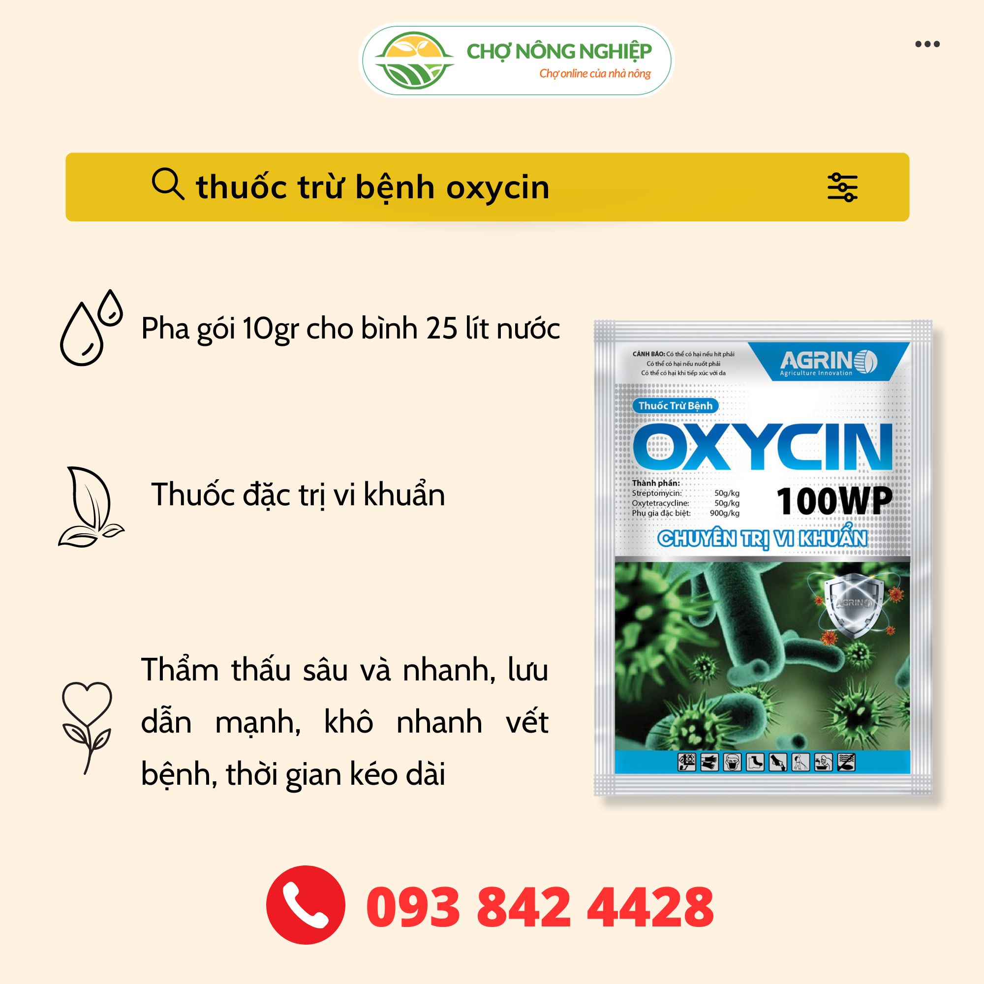 Thuốc trừ bệnh oxycin 100wp agrino 25gr - chuyên trị vi khuẩn