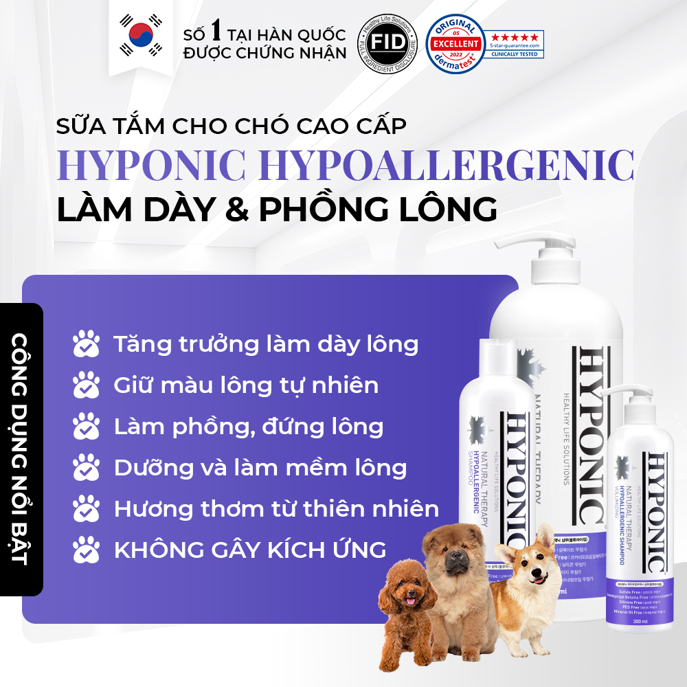  Sữa tắm cho chó cao cấp HYPONIC Hypoallergenic làm dày & phồng lông 
