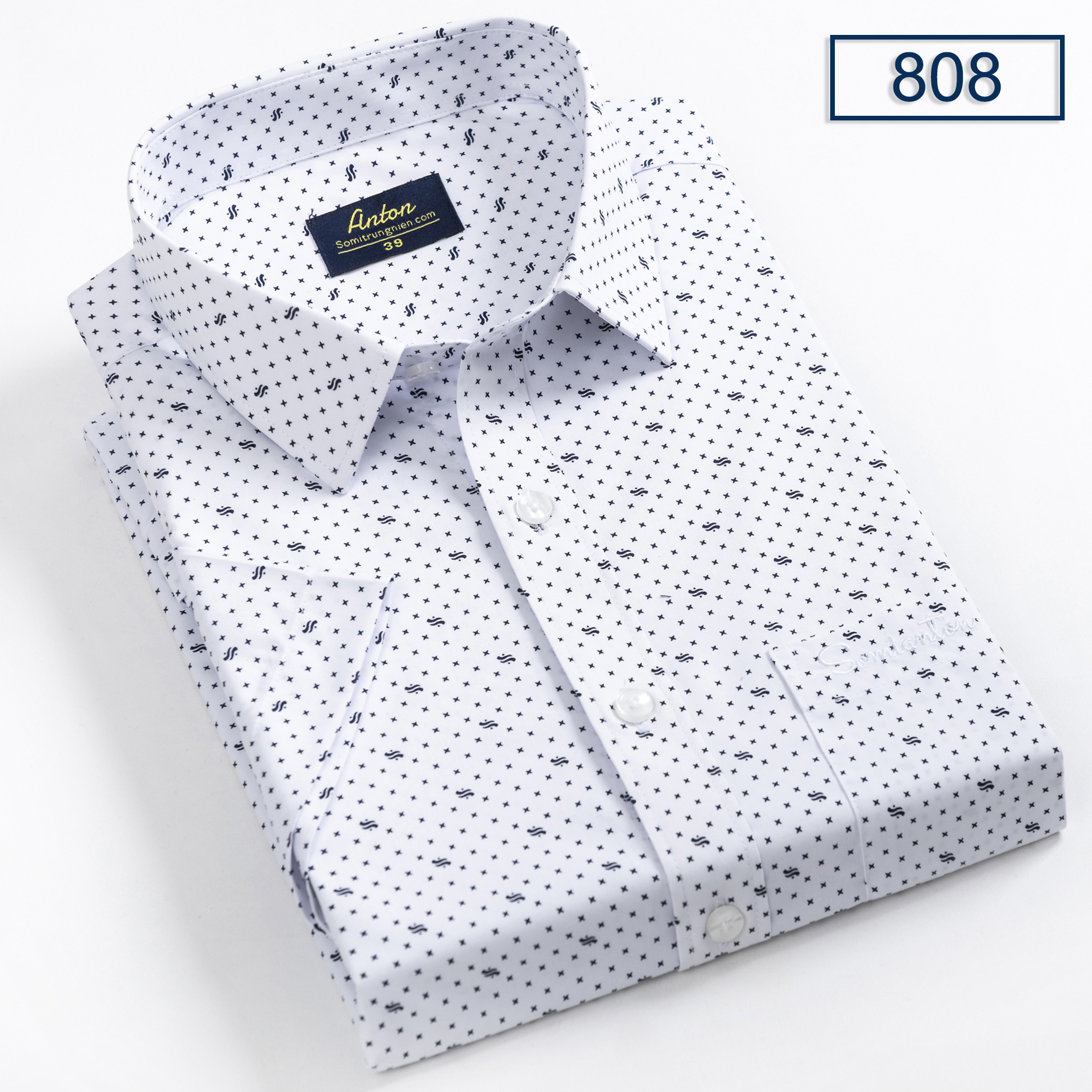 Áo Sơ Mi Nam Công Sở Trung Niên Ngắn Tay Vải Cotton Họa Tiết Chấm Bi Nhỏ Màu Trắng Anton - 808