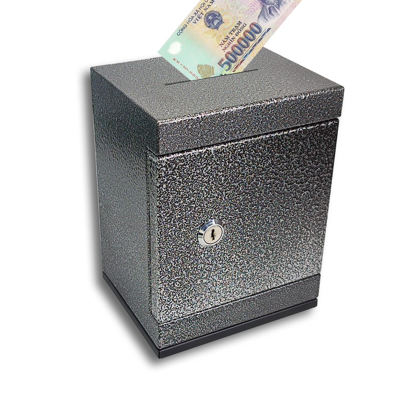 Tủ Đựng Tiền Tiết Kiệm mini Cao Cấp Màu Đen Bạc 12x15x20cm nặng 1500g Bằng Thép Tấm, Sơn Tĩnh Điện, Khóa Chìa