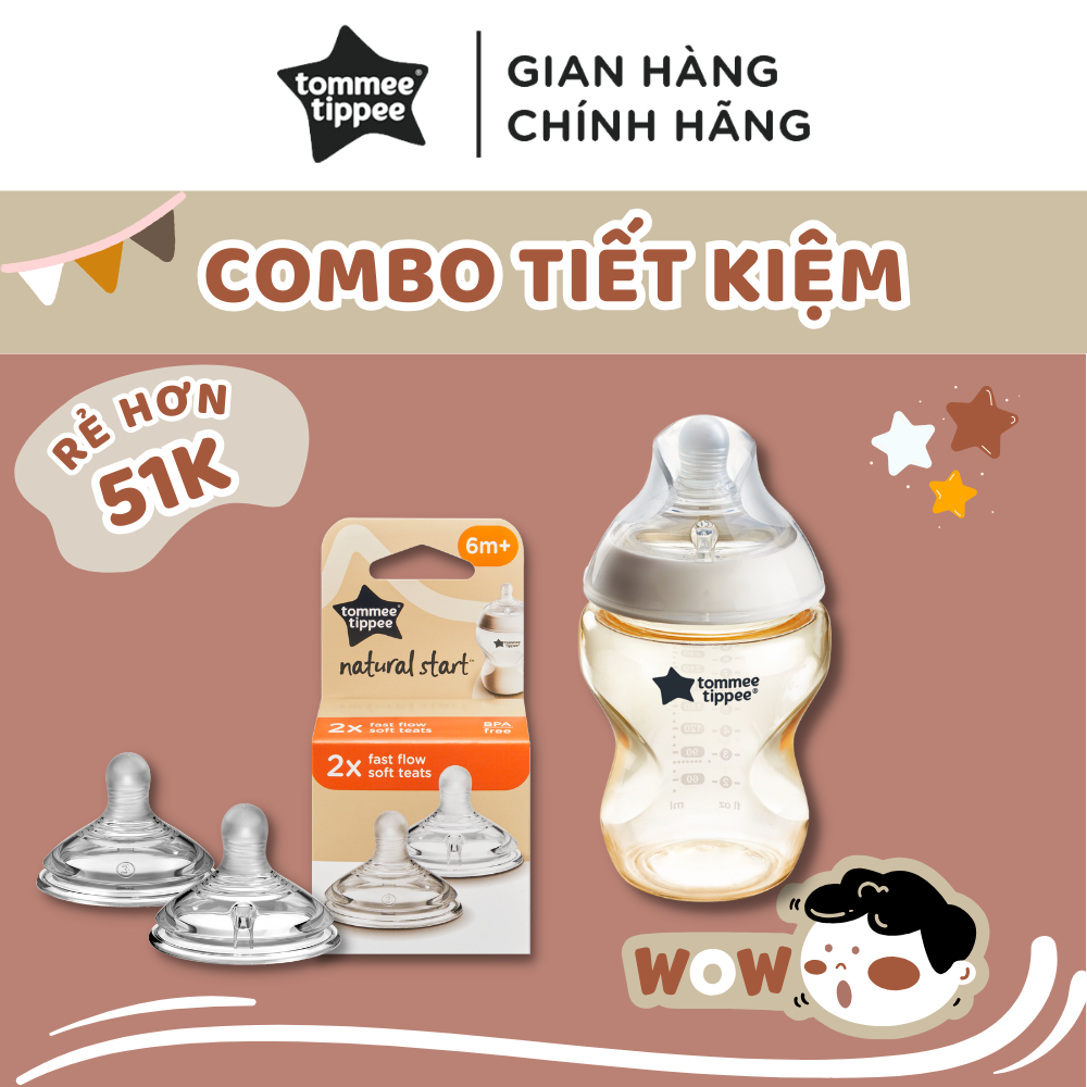 COMBO bình sữa PPSU ty siêu mềm tự nhiên Tommee Tippee Natural Start 260ml & Núm ty silicon thay thế 6M+