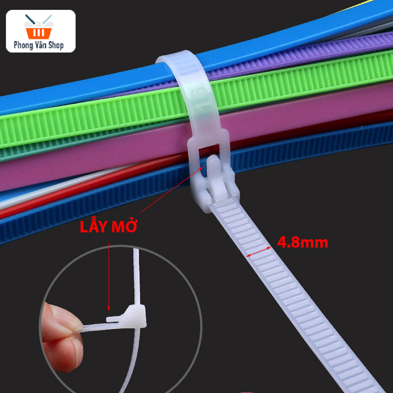 Dây thít có lẫy mở - lạt rút nhựa buộc trắng đen 5x20-25-30cm