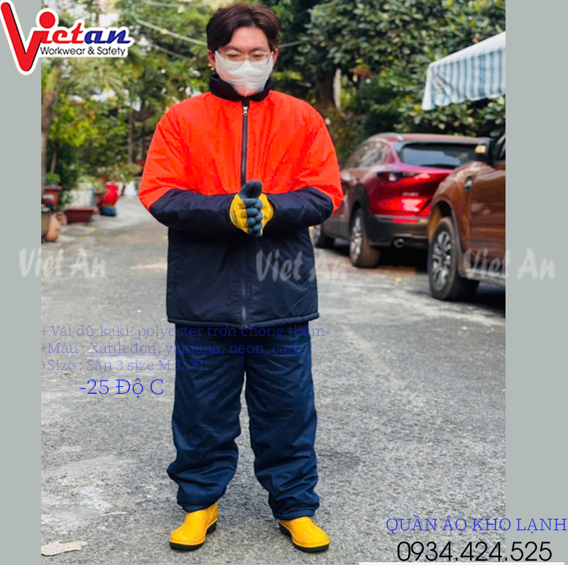 Quần áo kho lạnh âm 30 độ, áo giữ ấm - có phản quang dày màu xanh đen phối cam dùng trong kho lạnh dày 5 lớp